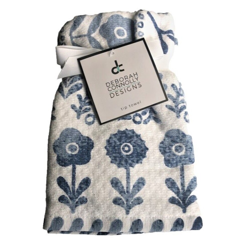 Deborah Connolly Fingertip Towels Blue Flower Bathroom Denim Blue White Set of 2